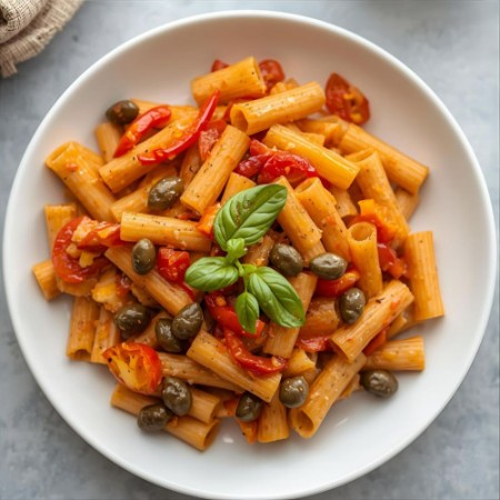 203. Rigatoni sauce Tomate, Poivrons & Câpres (2x300g de pâtes + Sauce)  (* 600gr)